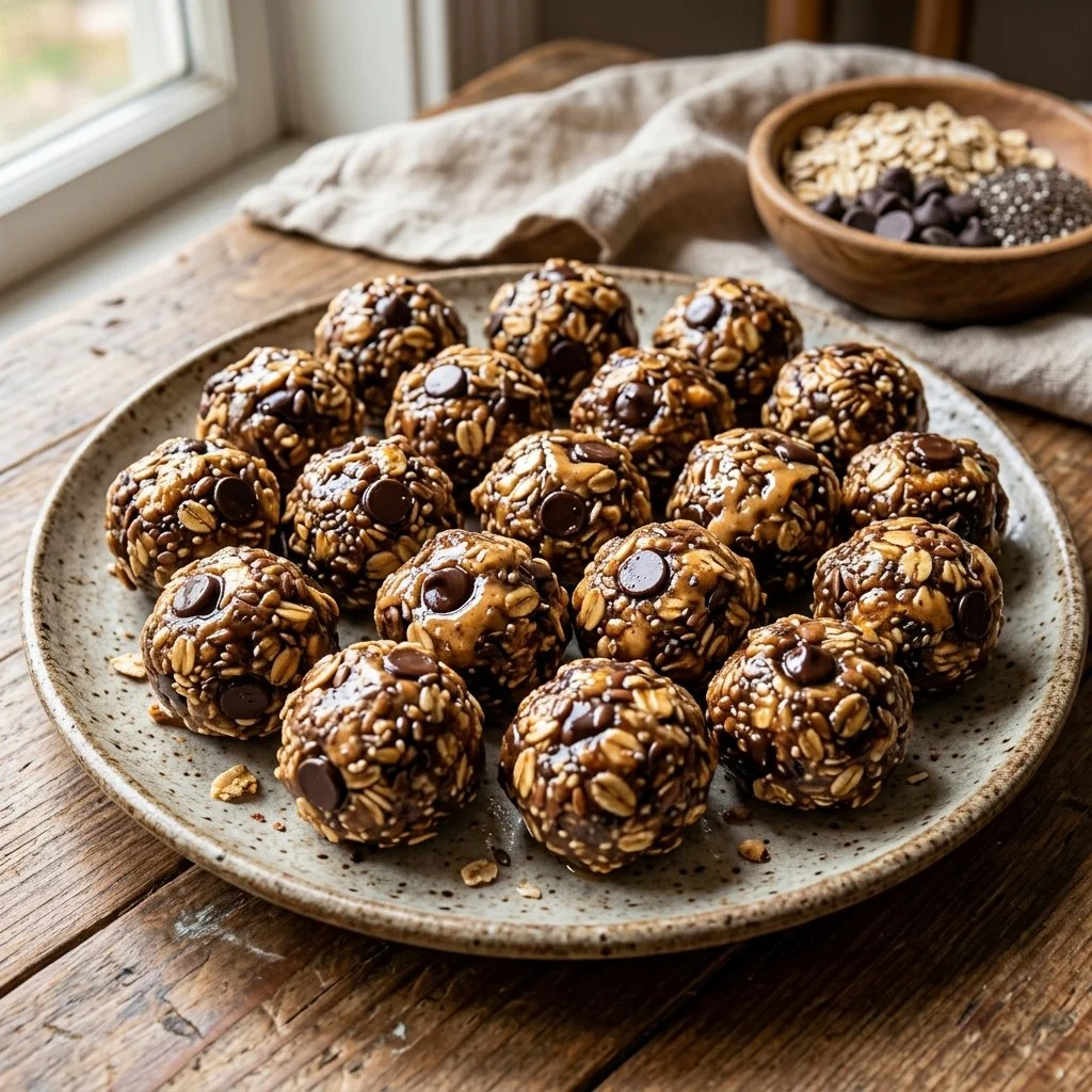 No bake energy bites made with oats, nut butter, and chocolate chips