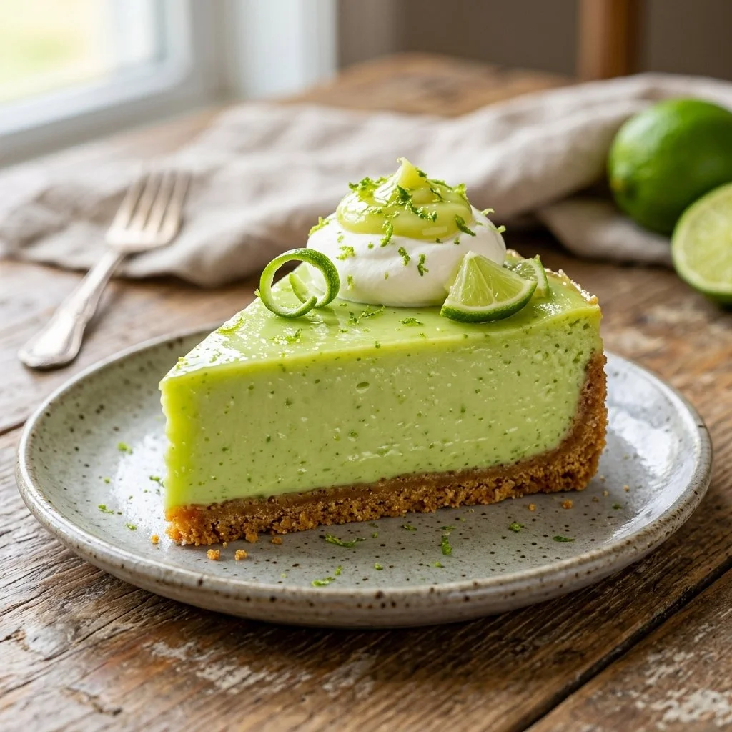 Delicious no-bake key lime cheesecake topped with lime slices and whipped cream