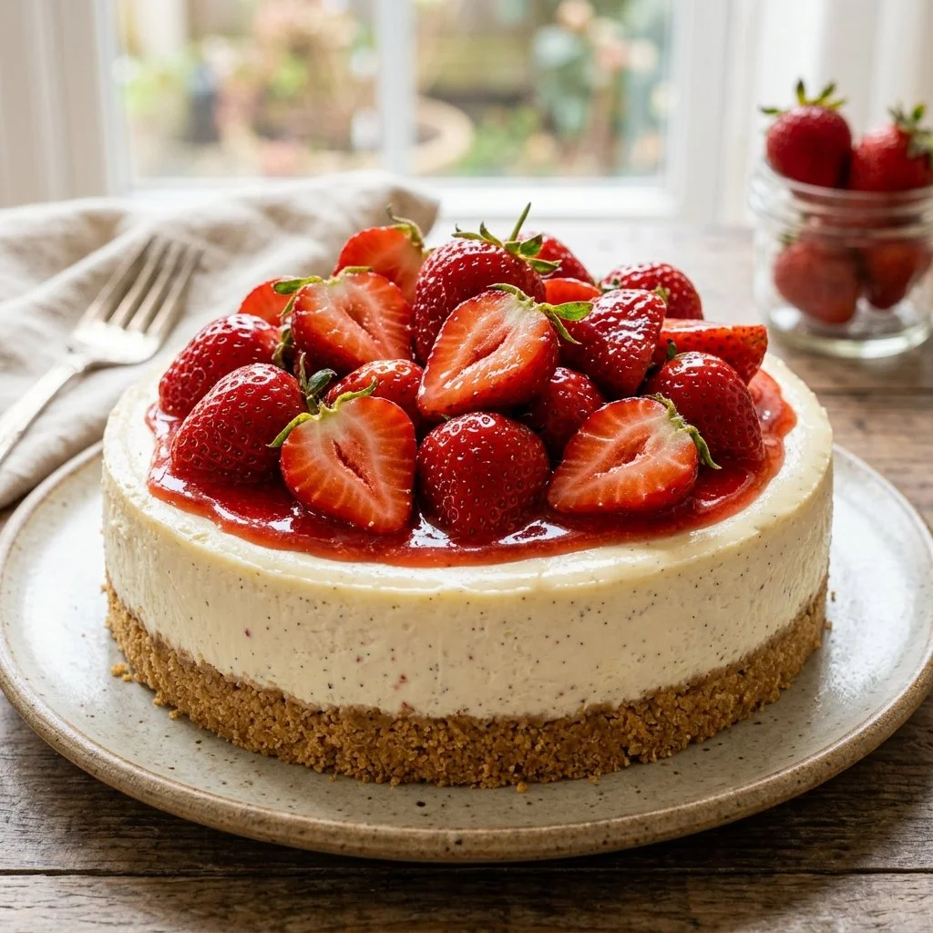 Delicious no-bake strawberry cheesecake topped with fresh strawberries