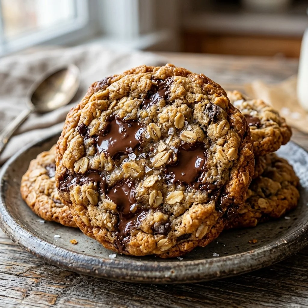 Freshly baked oatmeal chocolate chip cookies on a cooling rack