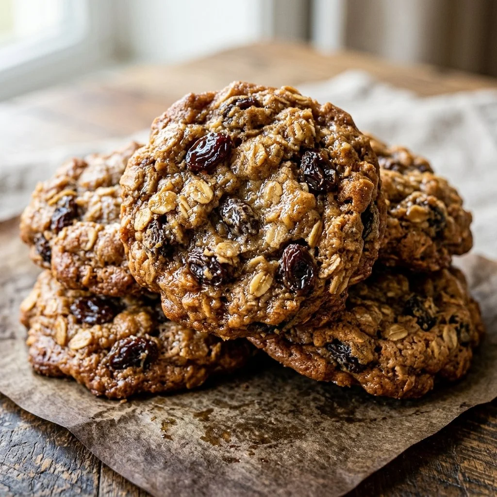Freshly baked oatmeal raisin cookies on a cooling rack