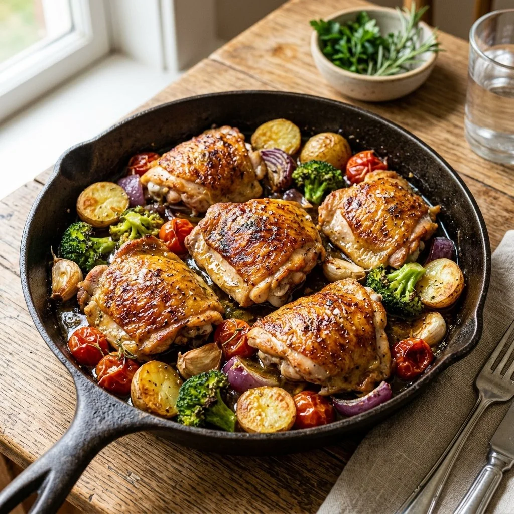 One pan chicken dish with colorful vegetables ready to serve.