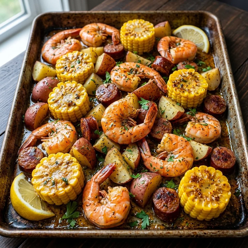 Delicious one-pan shrimp boil with shrimp, potatoes, and corn on a table