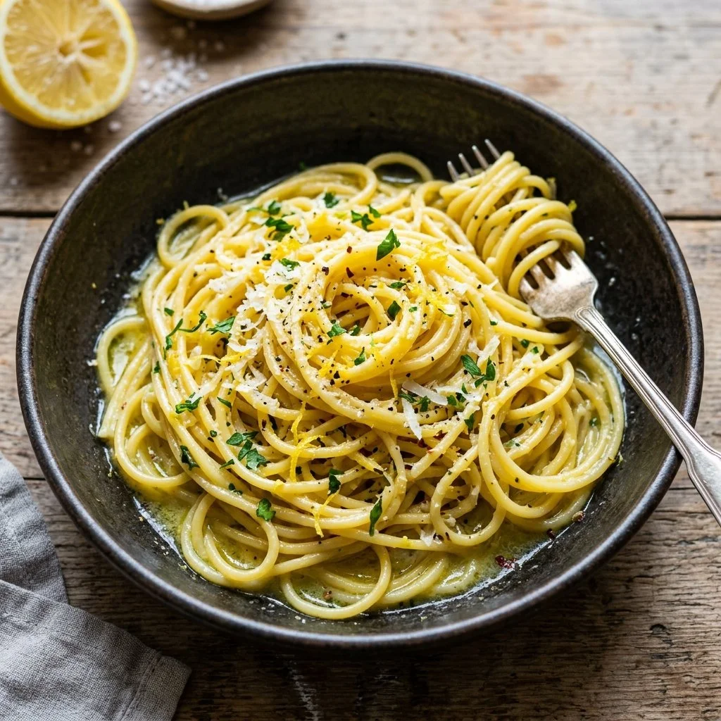 Serving of One Pot Lemon Pasta topped with fresh herbs and lemon zest