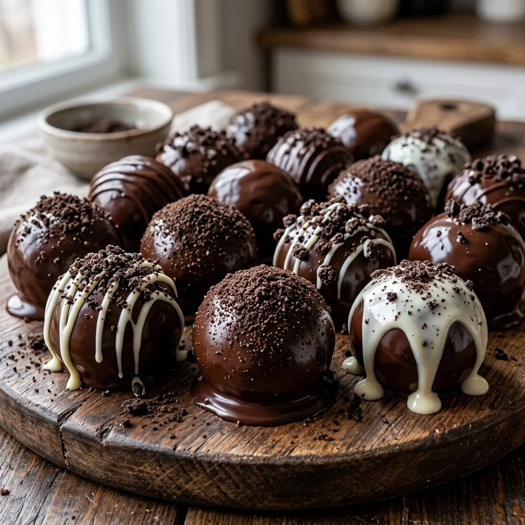 A plate of delicious homemade Oreo Balls coated in chocolate.