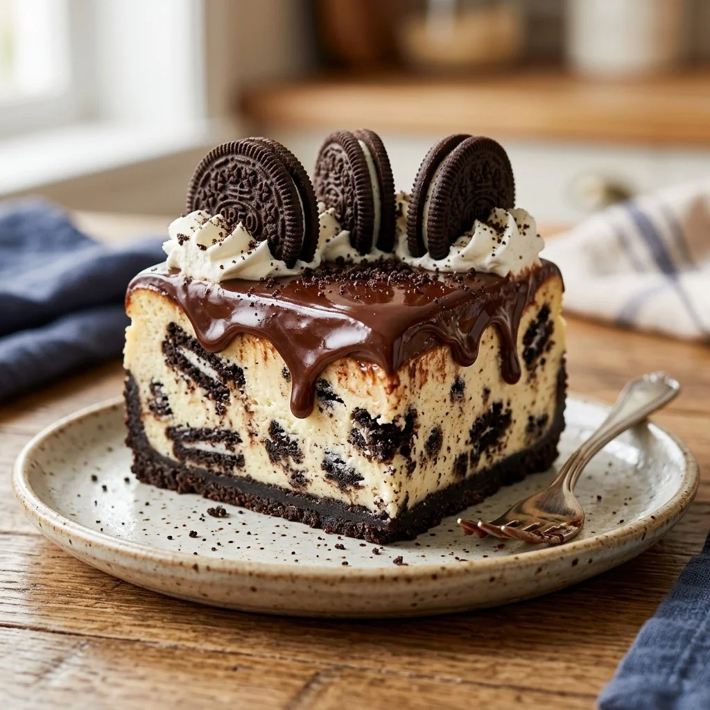 Delicious slice of Oreo Cheesecake topped with crushed Oreos and whipped cream