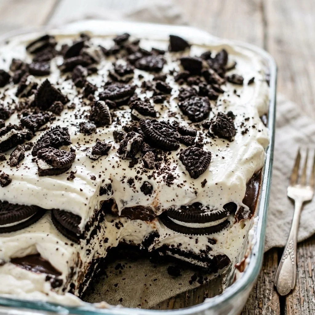 Delicious Oreo Icebox Cake with layers of cream and crushed Oreos.
