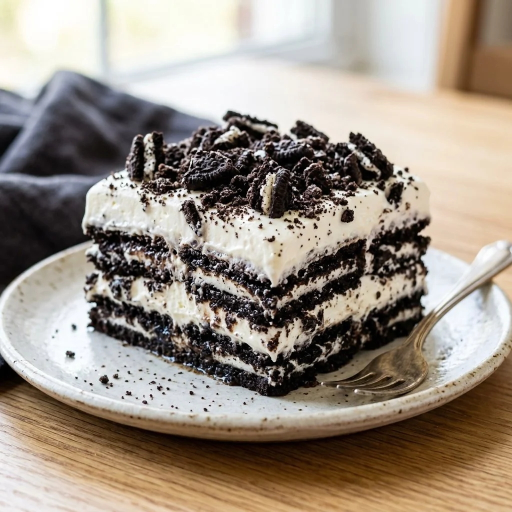 Delicious Oreo Icebox Cake layered with creamy filling and crunchy cookies