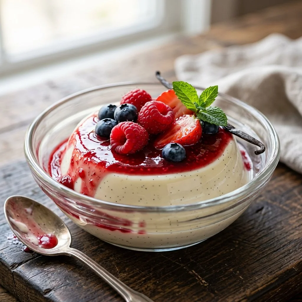 Delicious panna cotta served with fresh berries on a white plate.