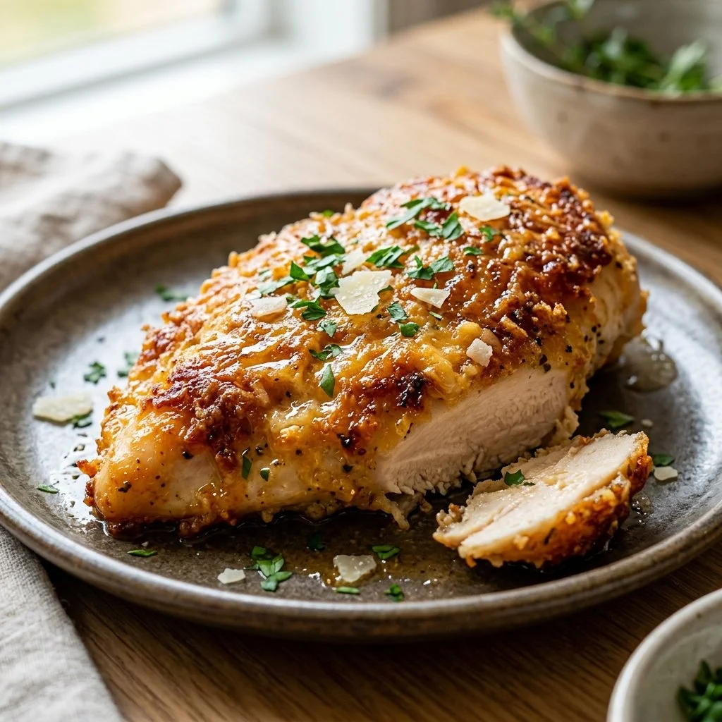 Delicious Parmesan Crusted Chicken on a plate garnished with herbs
