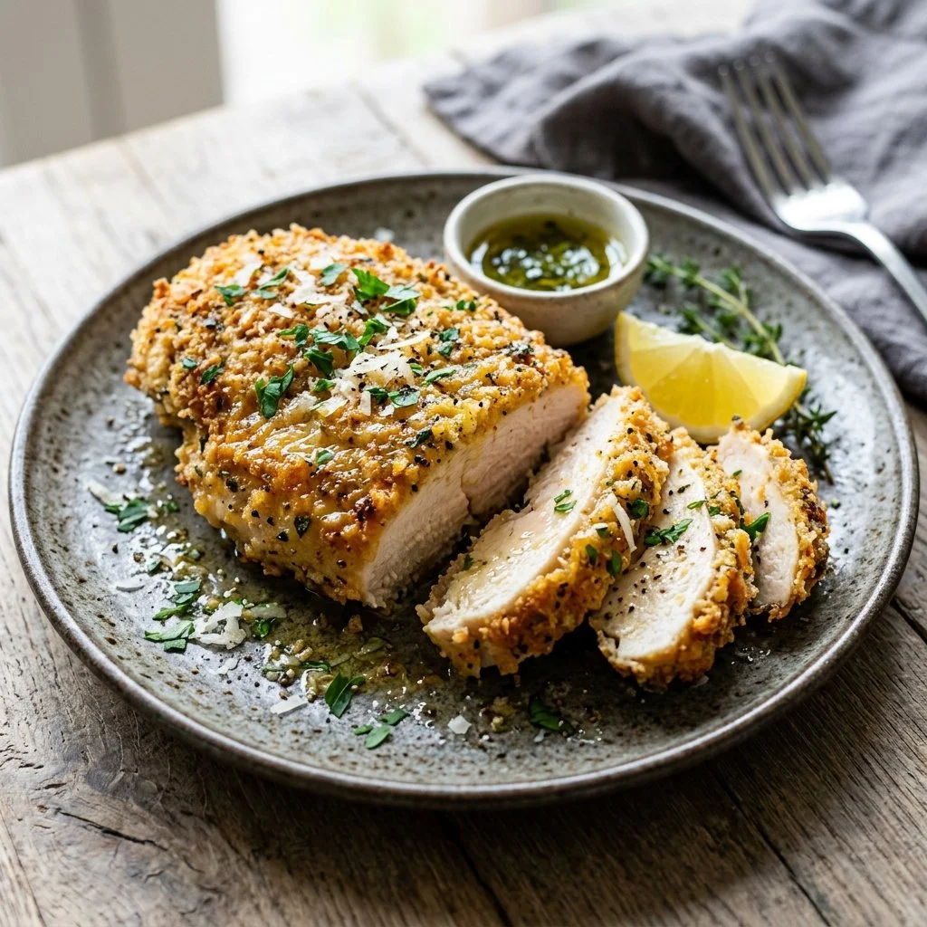 Deliciously golden Parmesan crusted chicken served on a plate.