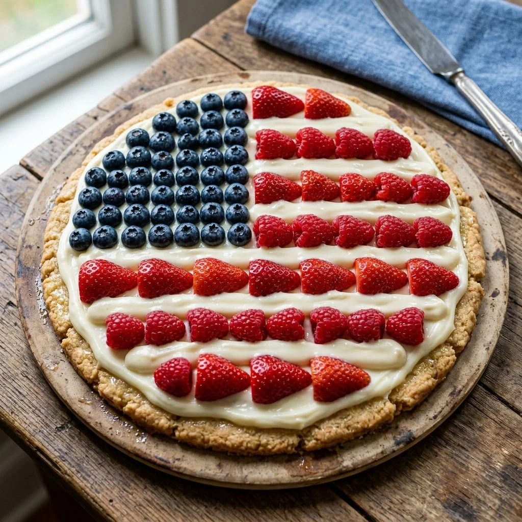 Patriotic Fruit Pizza topped with strawberries, blueberries, and whipped cream