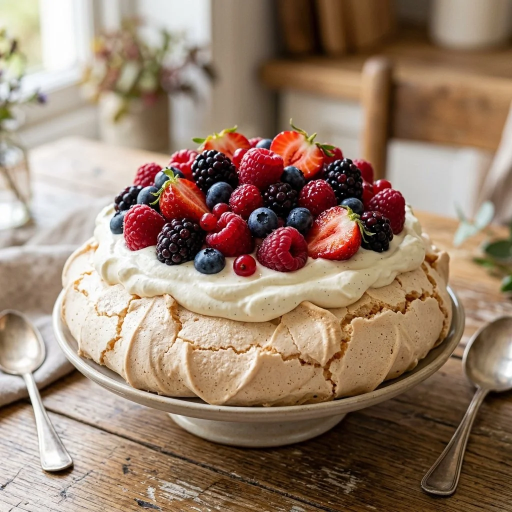 Delicious Pavlova Cake topped with cream and fresh fruits
