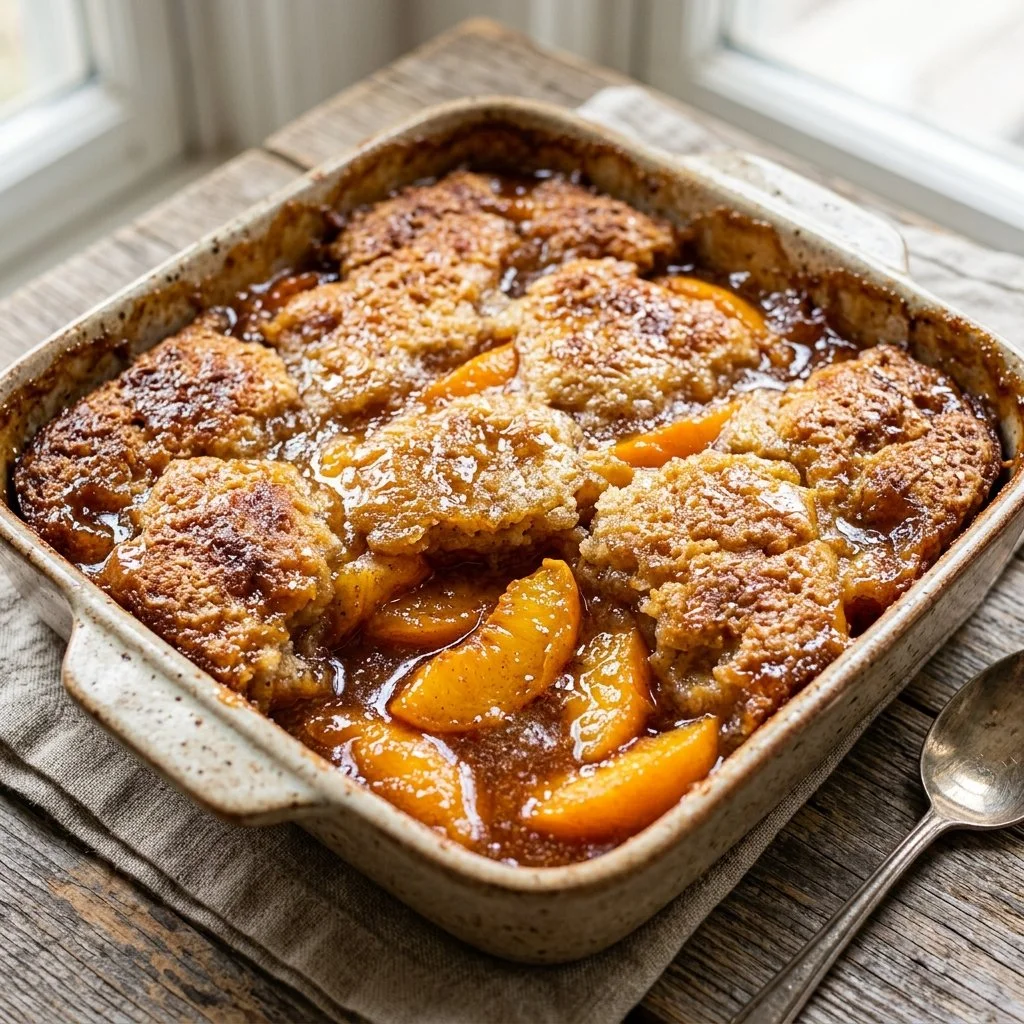 Delicious homemade Peach Cobbler with golden crust and fresh peaches