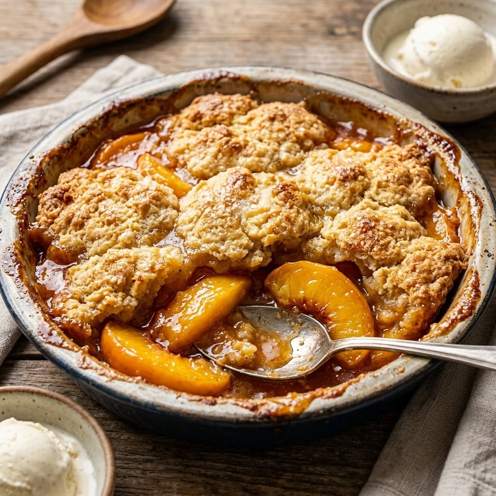 Delicious homemade peach cobbler served warm with a scoop of vanilla ice cream