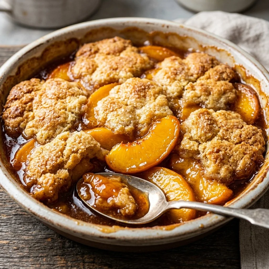 Delicious homemade Peach Cobbler served with ice cream.