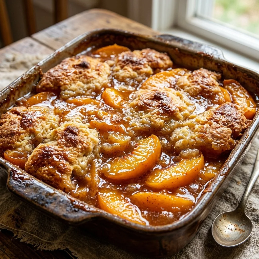 Delicious homemade Peach Cobbler served warm with ice cream