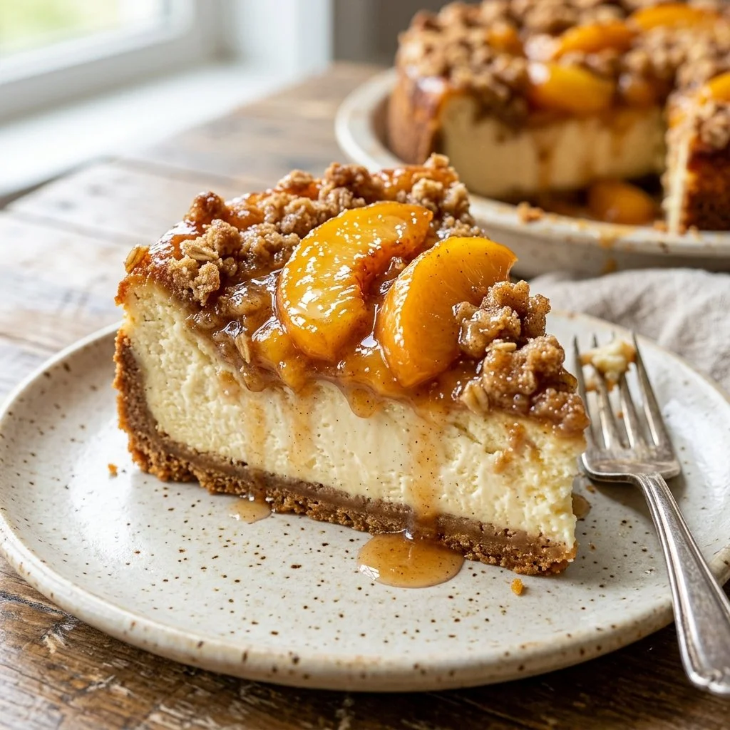 Slice of Peach Cobbler Cheesecake topped with fresh peaches and whipped cream