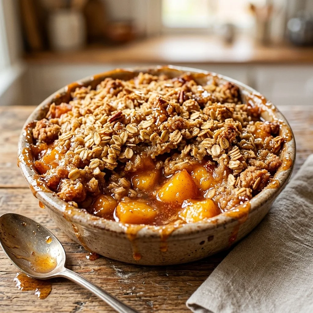 Freshly baked peach crisp with a golden brown topping
