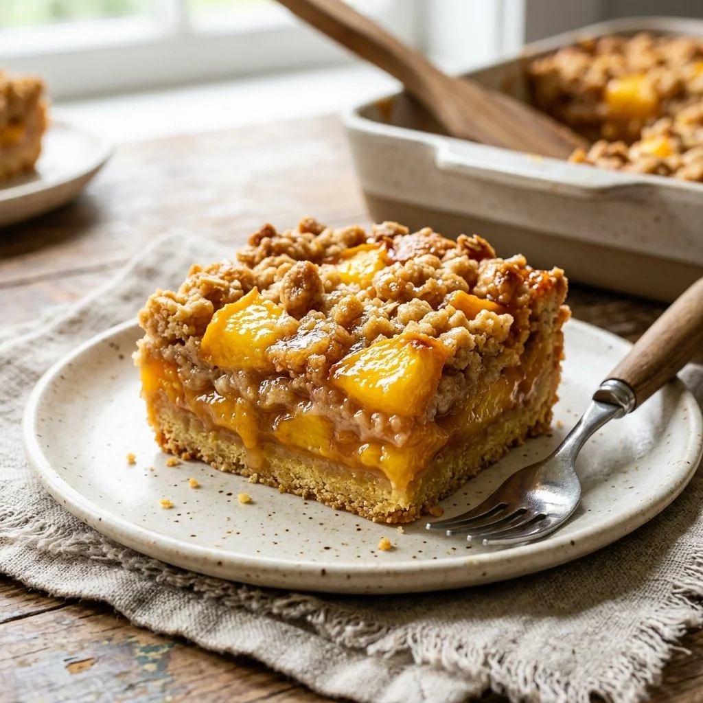 Freshly baked Peach Crumb Bars with a golden crust and peach filling