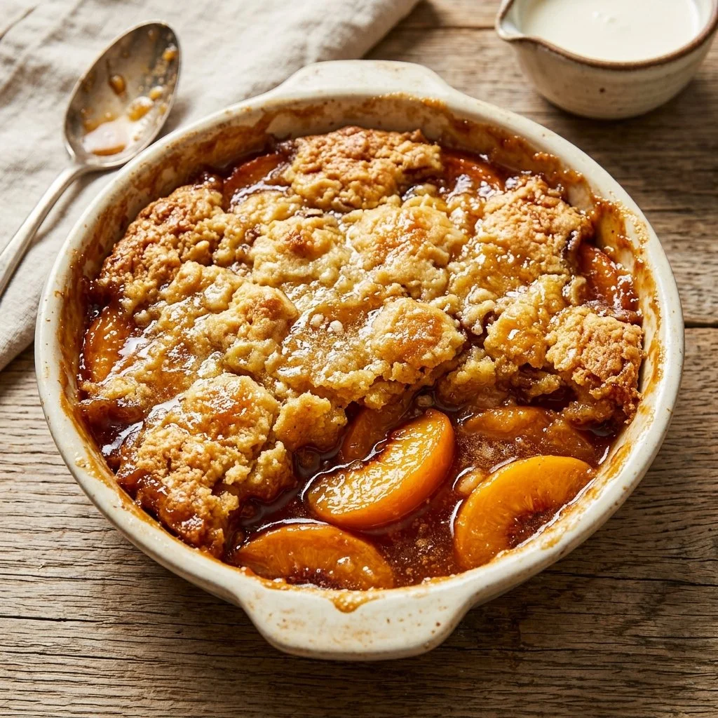 Delicious Peach Dump Cake served in a dish with a golden topping