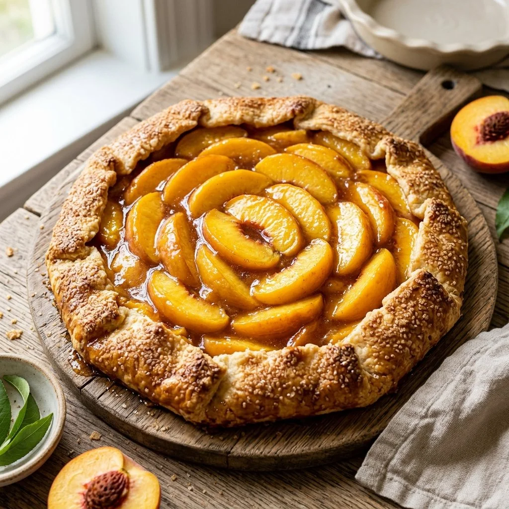 Homemade peach galette with fresh peaches and flaky crust
