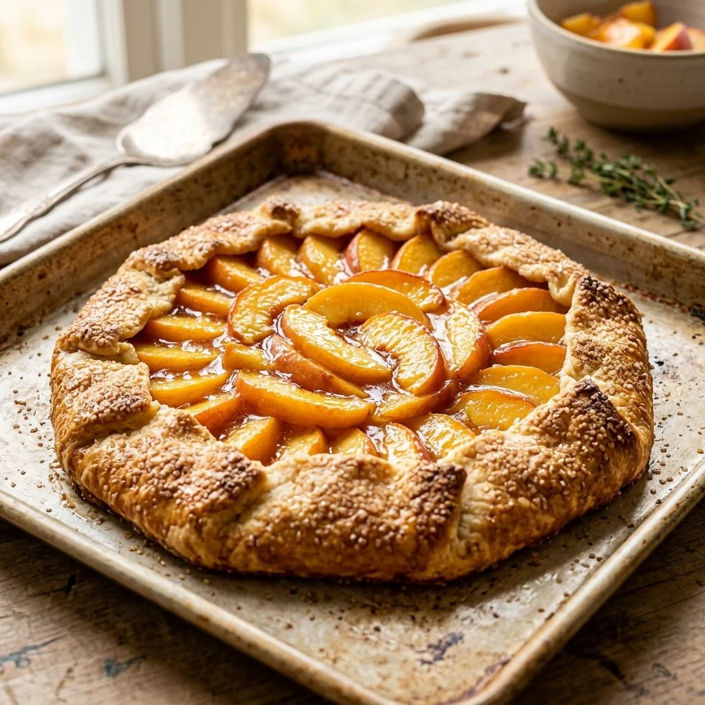 Homemade peach galette served on a rustic plate with fresh peaches