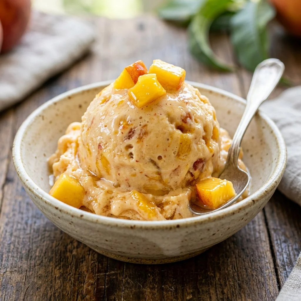Bowl of creamy peach ice cream garnished with fresh peach slices