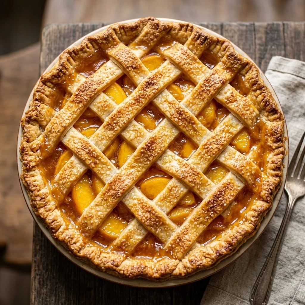Delicious homemade Peach Pie with juicy peaches and a golden crust