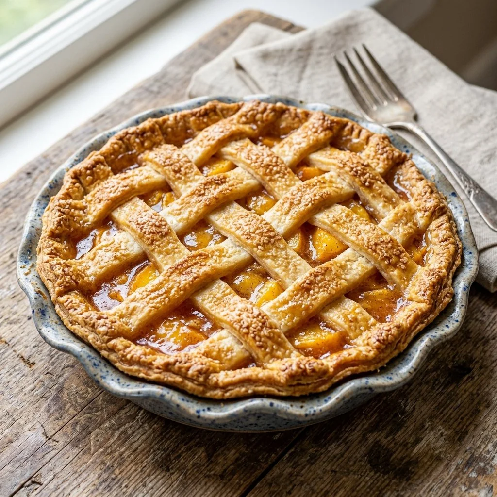 Delicious homemade peach pie fresh from the oven, topped with flaky crust.