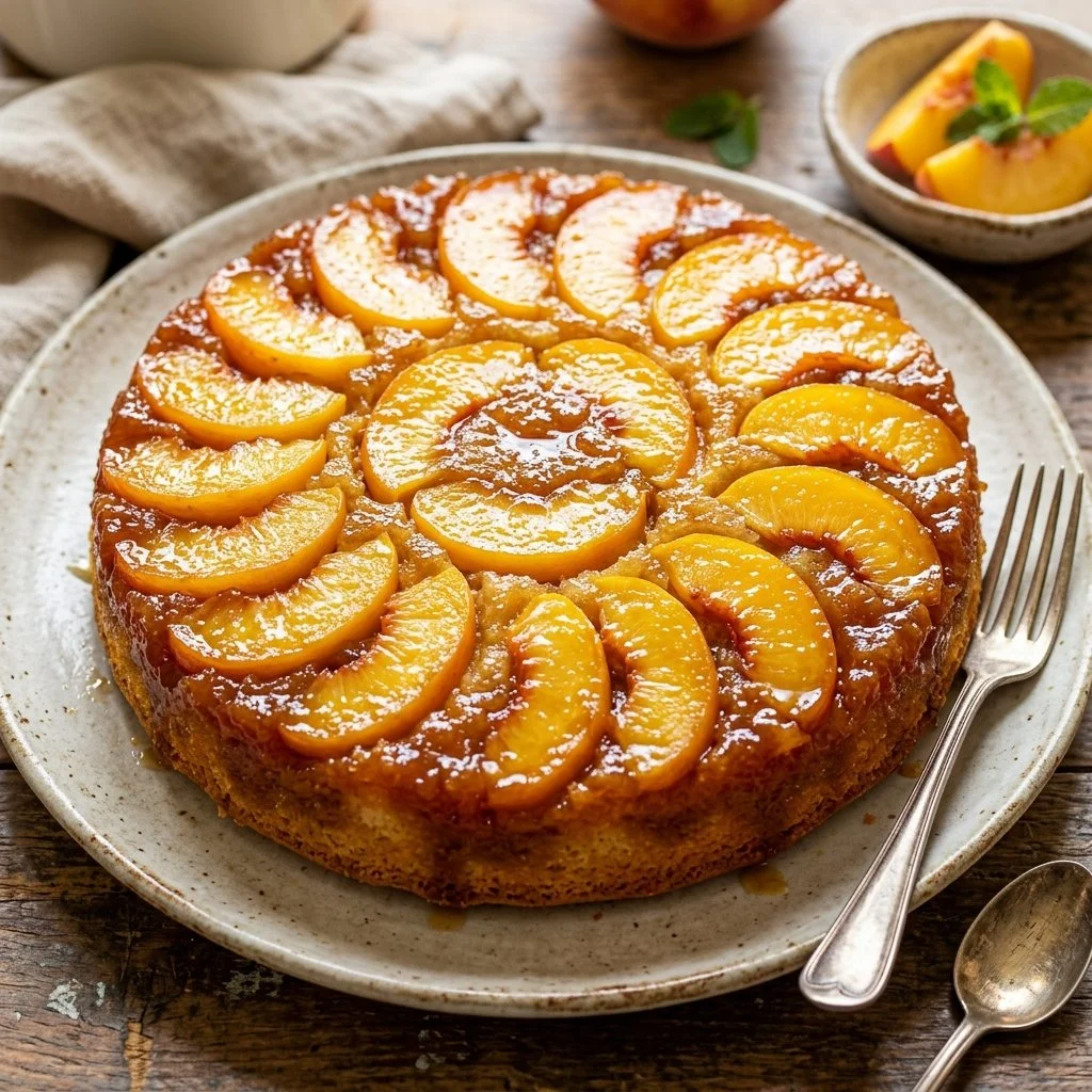 Delicious Peach Upside Down Cake with caramelized peaches on top.
