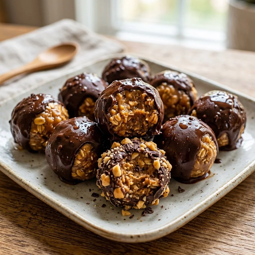 Homemade Peanut Butter Balls drizzled with chocolate