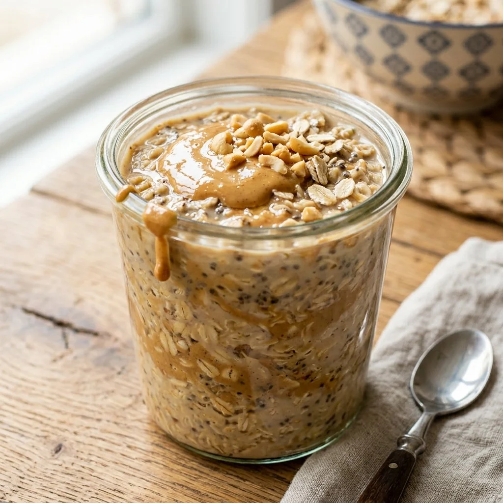 Bowl of peanut butter overnight oats topped with bananas and chia seeds