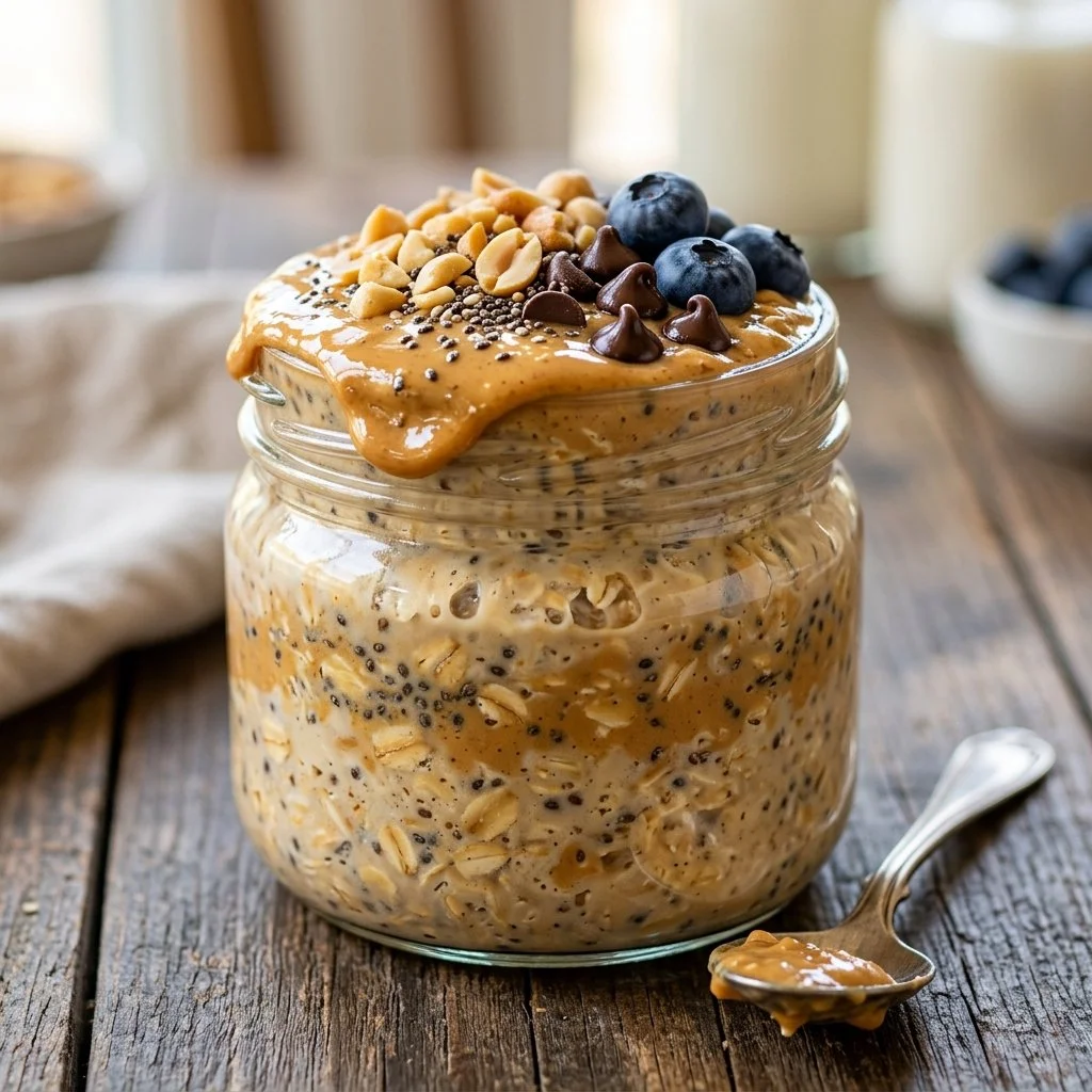 Delicious peanut butter overnight oats topped with fruits and nuts in a jar