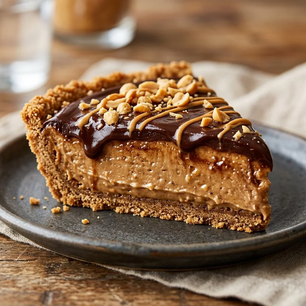 Delicious homemade Peanut Butter Pie served with whipped cream and chocolate drizzle.