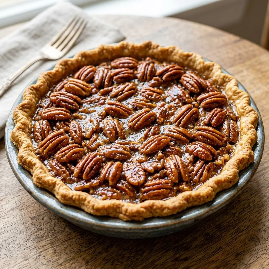 Delicious homemade Pecan Pie with a golden crust and pecan topping.