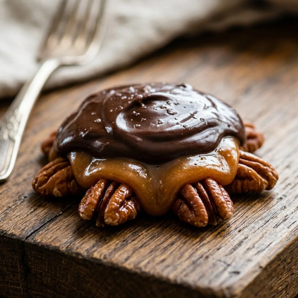 Delicious homemade Pecan Turtles with pecans, caramel, and chocolate.