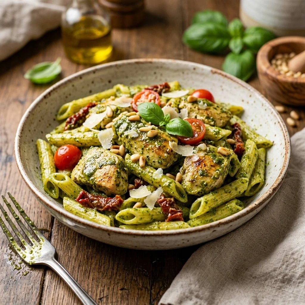 Pesto Chicken Pasta dish with chicken, basil pesto, and pasta served on a plate