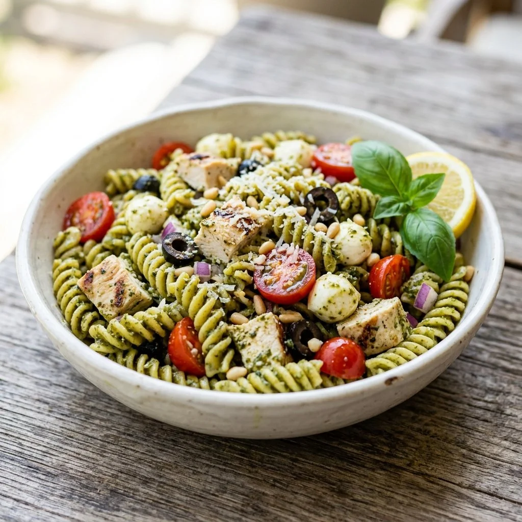 Bowl of pesto chicken pasta salad with fresh ingredients and vibrant colors.