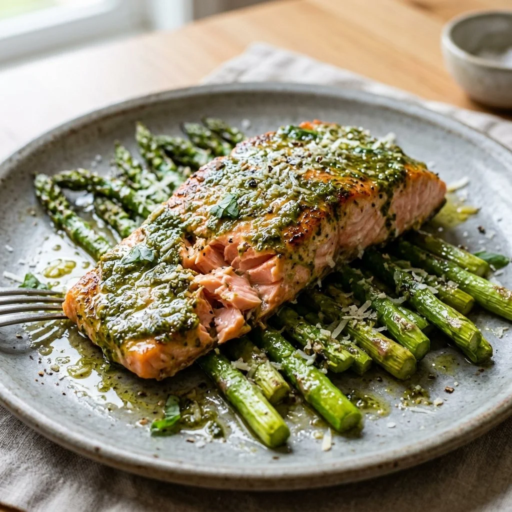 Pesto Salmon fillet served with asparagus on a plate.