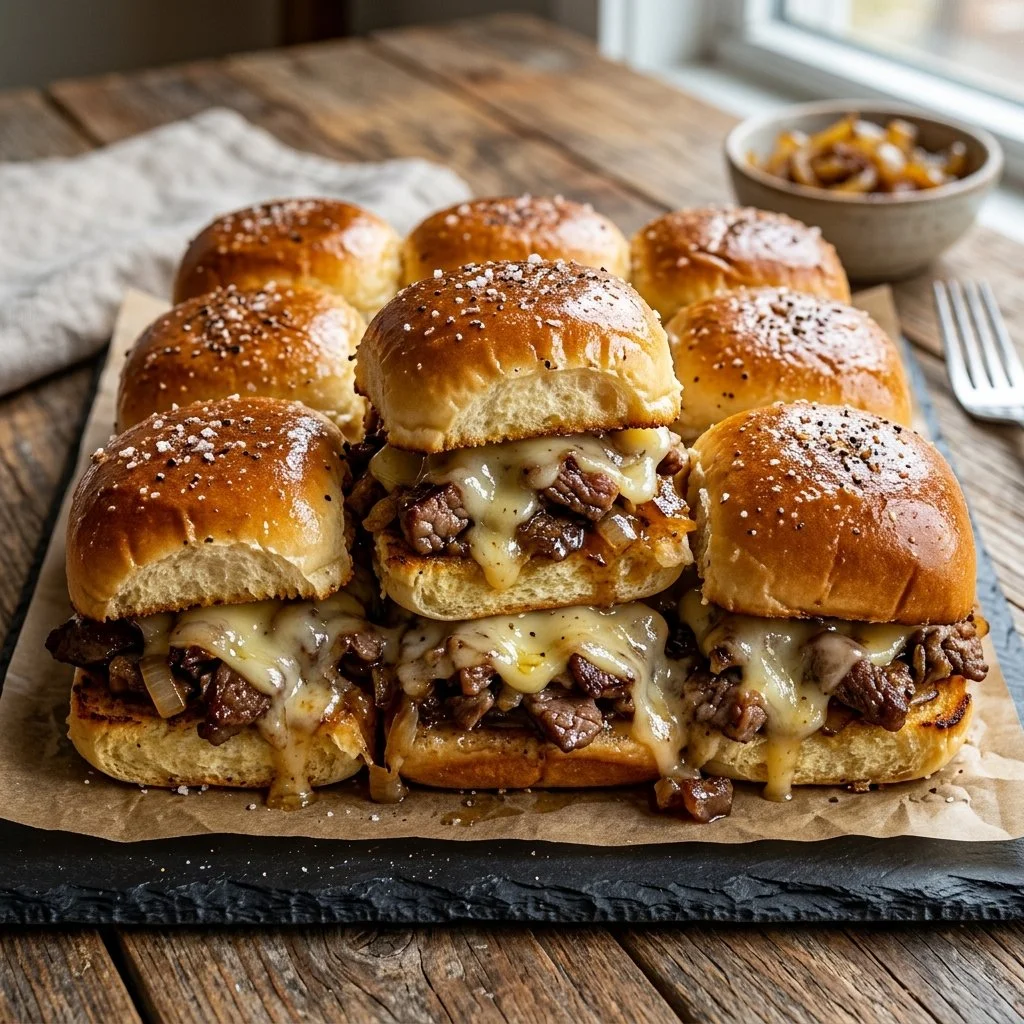 Philly Cheesesteak Sliders topped with melted cheese and peppers