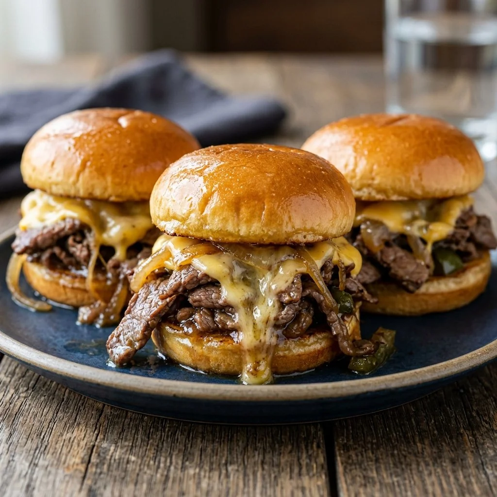 Philly Cheesesteak Sliders topped with melted cheese and sautéed onions