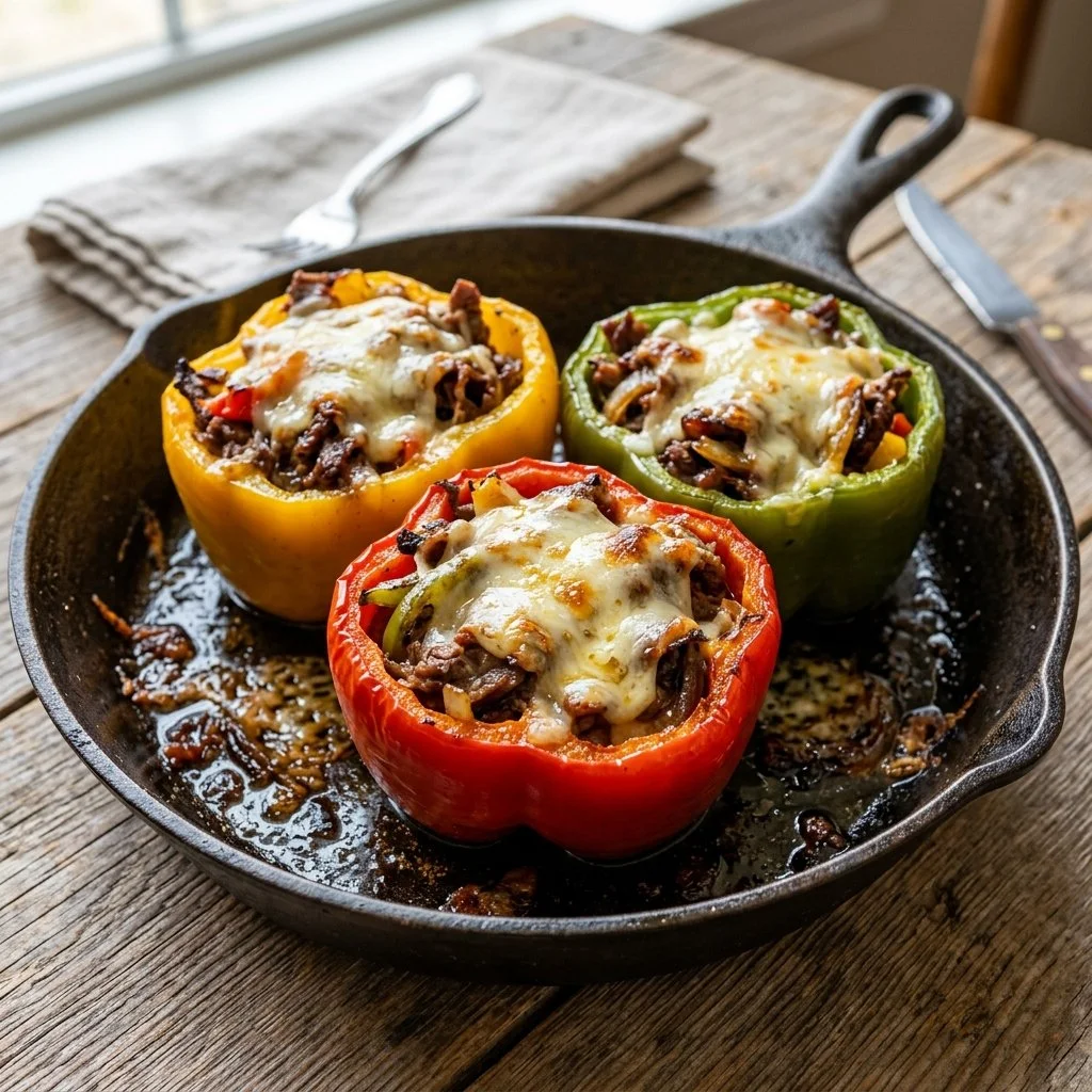 Philly cheesesteak stuffed peppers filled with savory beef and cheese