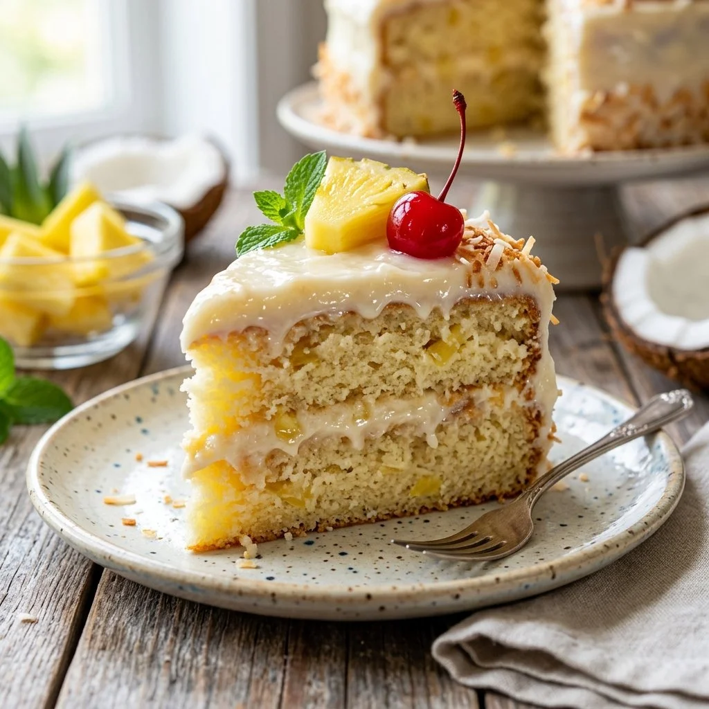 Delicious Pina Colada Cake with coconut and pineapple layers