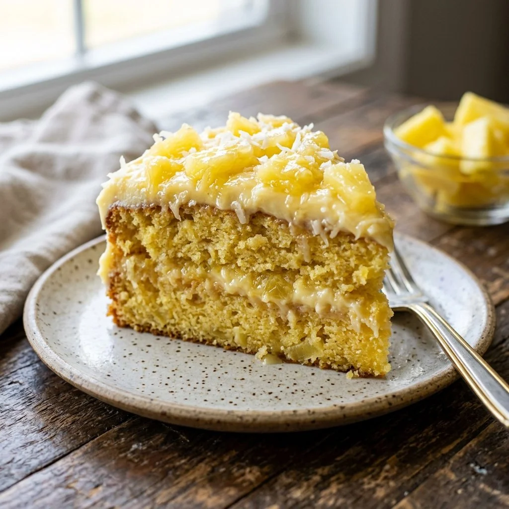 Delicious Pineapple Sunshine Cake topped with fresh pineapple and whipped cream