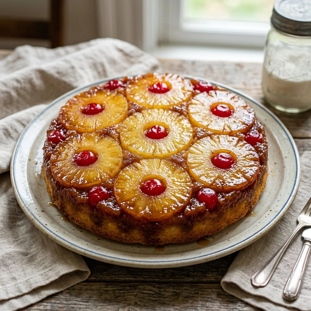 Delicious Pineapple Upside Down Cake with caramelized pineapple topping