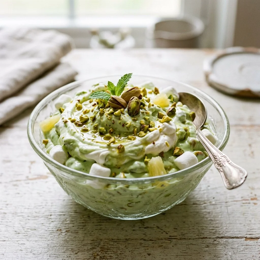 Delicious pistachio salad dessert garnished with nuts and whipped cream