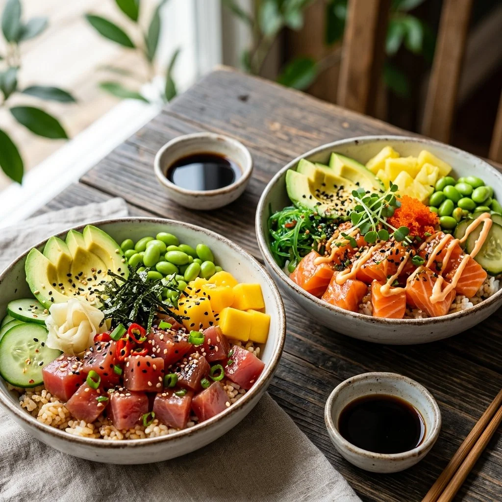 A colorful assortment of Poke Bowls featuring fresh fish, vegetables, and toppings.
