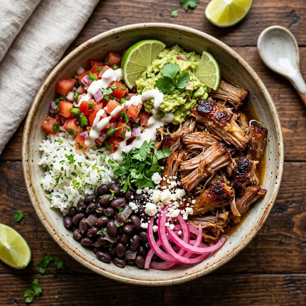 Delicious Pork Carnitas Burrito Bowl topped with fresh ingredients.