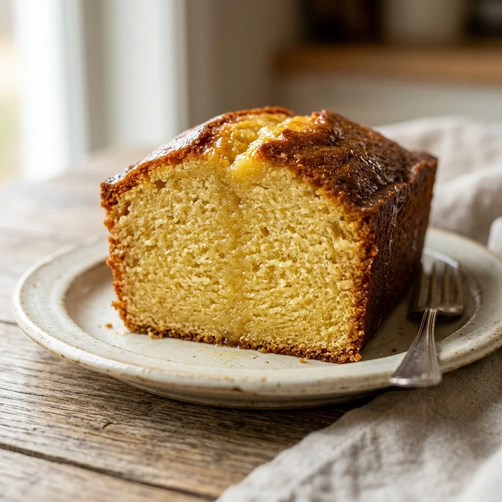 Delicious slice of homemade Pound Cake on a white plate